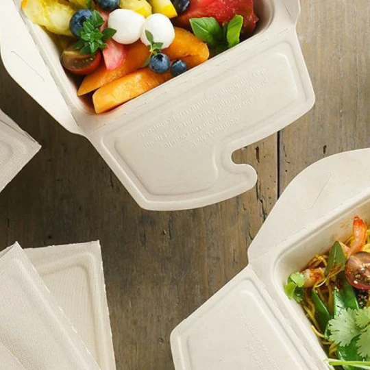 Takeaway beholdere med frukt og asiatisk mat i